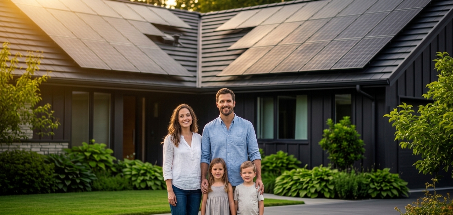Happy family standing in front of their home with rooftop solar panels